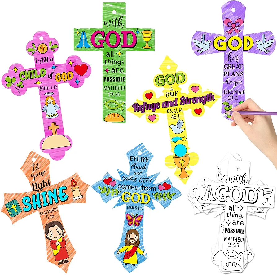 CY2SIDE 60PCS Color Your Own Holy Week Cross, Make Your Own Bible Cross Bookmark for Kids, Magic Art Making Kit for Bible School, DIY Christian Religious Sunday School Crafts for Kids Home Activities