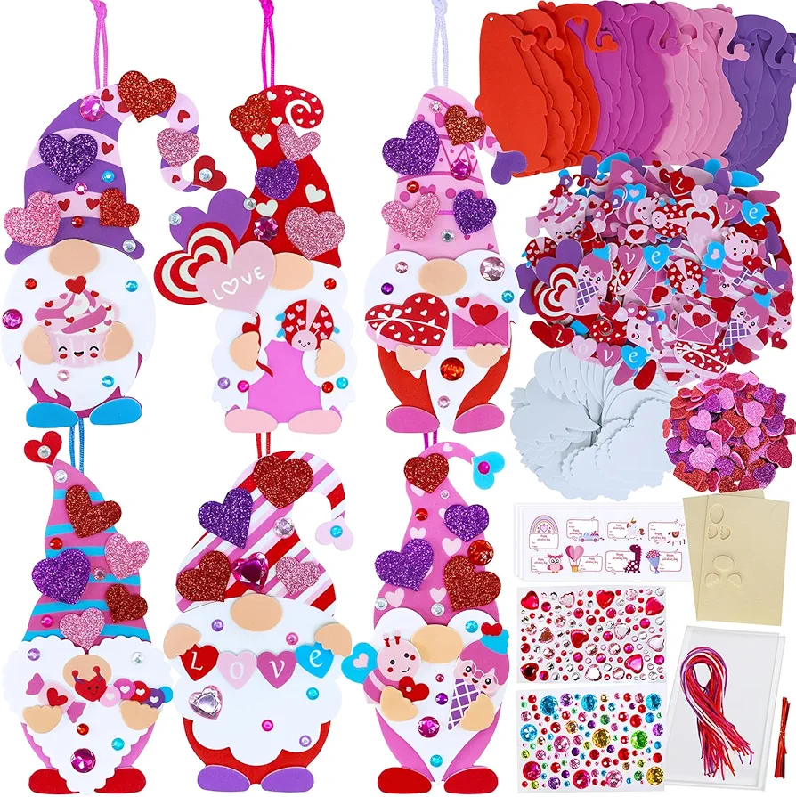 Winlyn 24 Sets Valentine's Day Craft Kits Heart Crafts DIY Valentine's Day Gnome Ornaments Decorations Art Sets Foam Gnome Heart Stickers for Kids Valentine Party Classroom Activities Gift Exchange