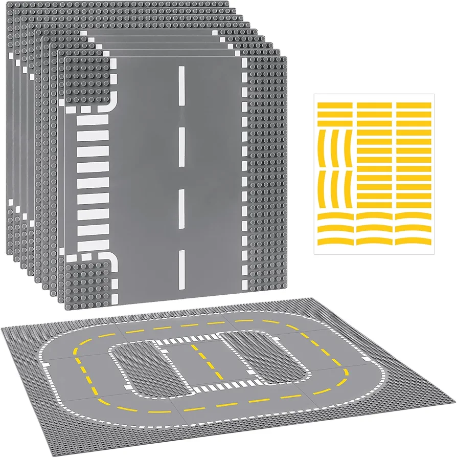 21 Pack Road Baseplates for Building, Compatible with Lego Classic Bricks, 10” x 10” Baseplates Fits for Lego Roads, Road Base Plates for City Sets (Attached DIY Stickers)