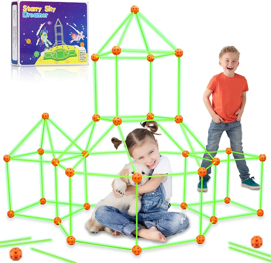 Fort Building Kit for Kids - 100 Pcs Glow in The Dark Creative STEM Building Toys, Fun Fort Indoor Outdoor Toys Gift for Boys & Girls Age 5 6 7 8 9 10 Year Old