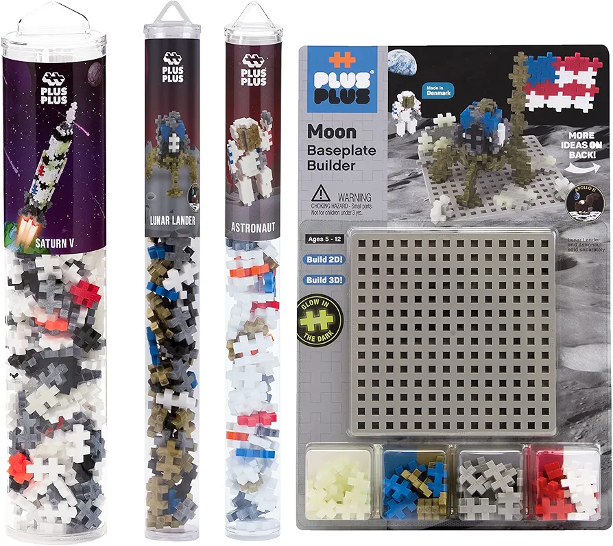 PLUS PLUS - Apollo 11 Space Playset Bundle - Space Mini Maker Tubes and Baseplate Builder - Construction Building STEM | STEAM Toy, Interlocking Mini Puzzle Blocks for Kids