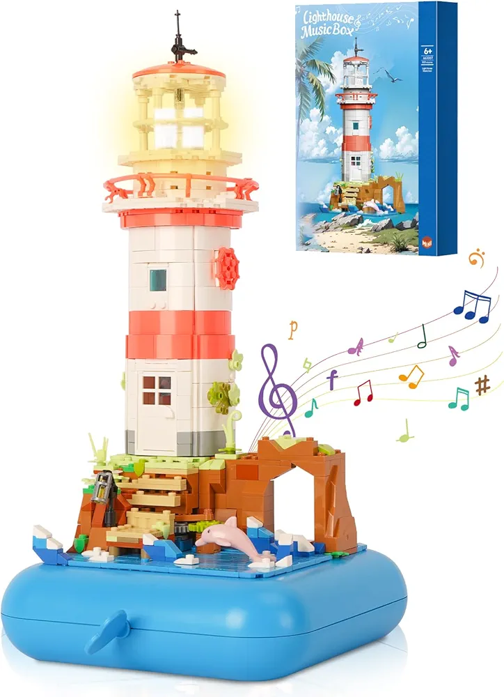 Toy Building Block Set, Lighthouse with Music Box Small Bricks Kit, Creative Construction Mini Building Block, 3D Puzzle Hobbies Christmas Birthday Gift for Kids Boys Girls 8+ 909 PCS