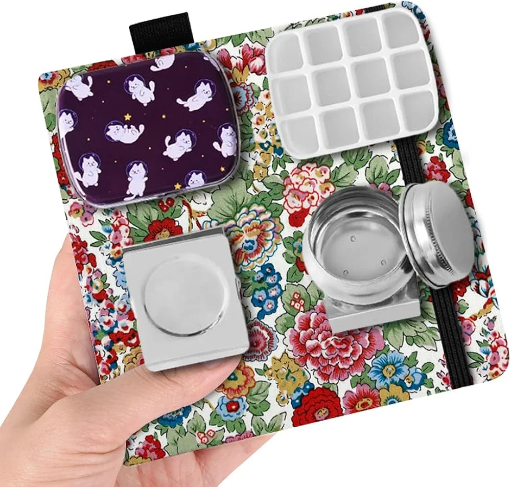 Mini Tin Box 12-Well Empty Watercolor Palette Set & Square 5.1X5.1 300gsm Watercolor Journal little peony