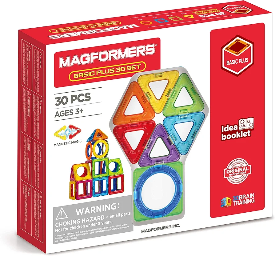 MAGFORMERS Basic Plus 30Piece, Rainbow Colors, Educational Magnetic Geometric Shapes Tiles Building STEM Toy Set Ages 3+