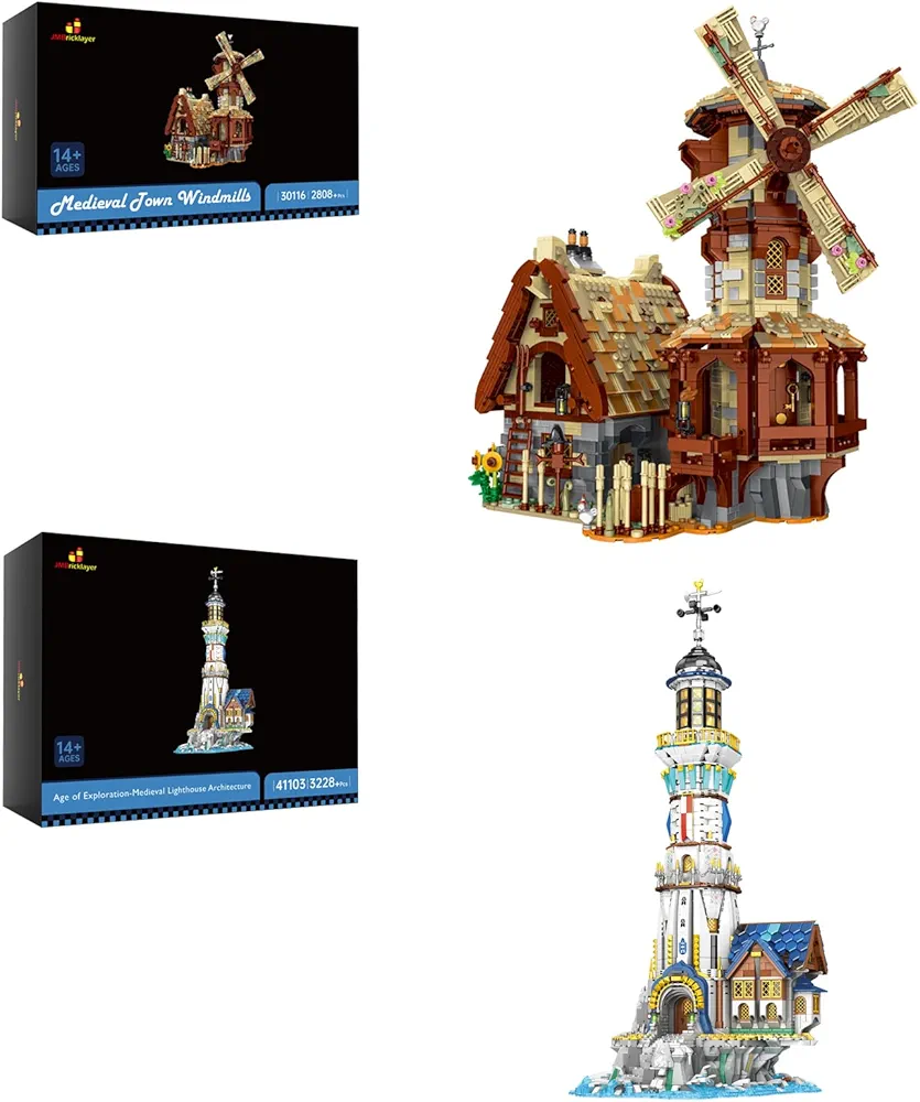 JMBricklayer Medieval Windmill House Building Set 30116 & Medieval Lighthouse Building Set 41103, Collectible or Display Model, Ideas Gift for Girls Boys