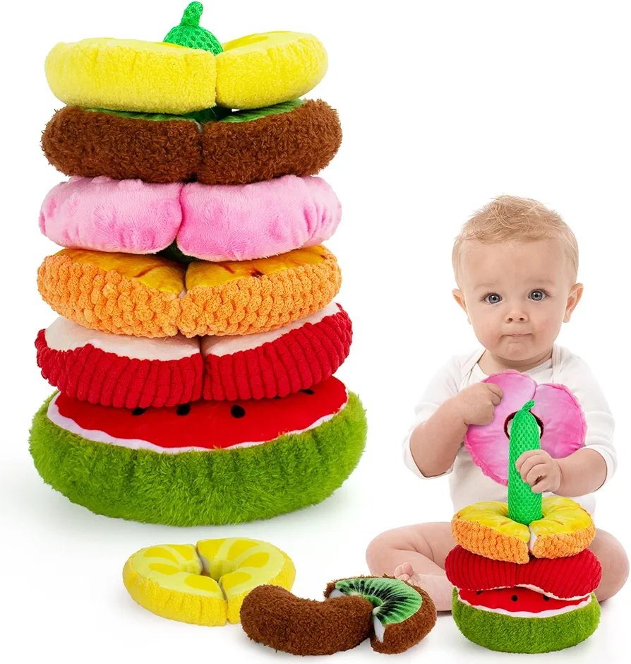 beetoy Baby Stacking Toys, Toddler Preschool Learning Activities for Learning Fruit, Stitchable Sensory Fruit Toys with Different Textures, Crinkle & Squeakers, Classroom Must Haves Learning Toys