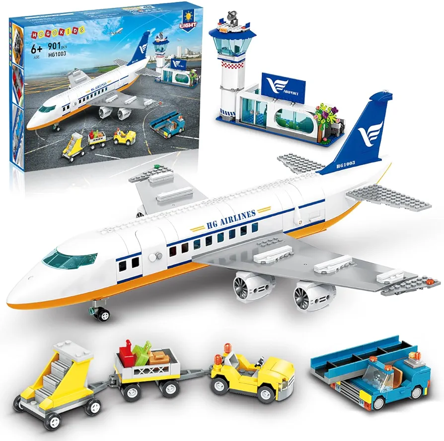 HOGOKIDS City Passenger Airplane Building Set with LED Light, 901 PCS Plane Building Blocks with Airport Terminal, Radar Tower, Luggage Trailer, Planes Model Toys Gifts for Kids Boys Girls Age 6-12