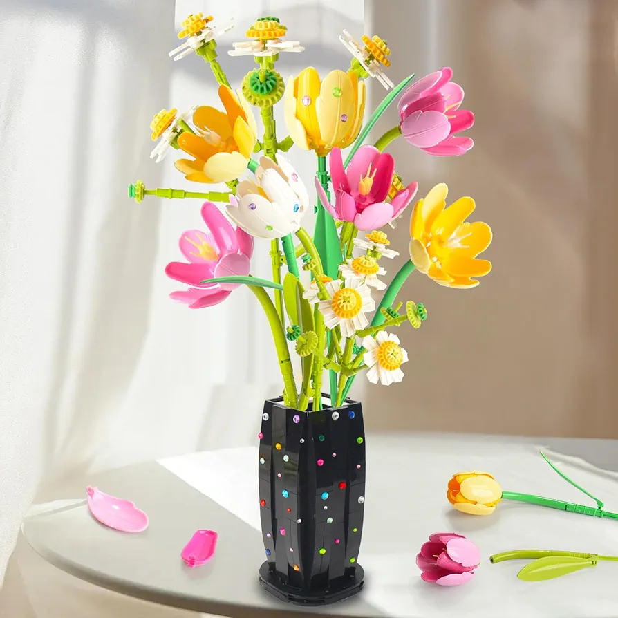 Flowers Bouquet Toys Building Set with Vase, Tulips Daisies Artificial Flower for Adults, Home Decor, Gifts for Mothers Day, Valentines Day, Birthday, Anniversary, Christmas(645Pcs)