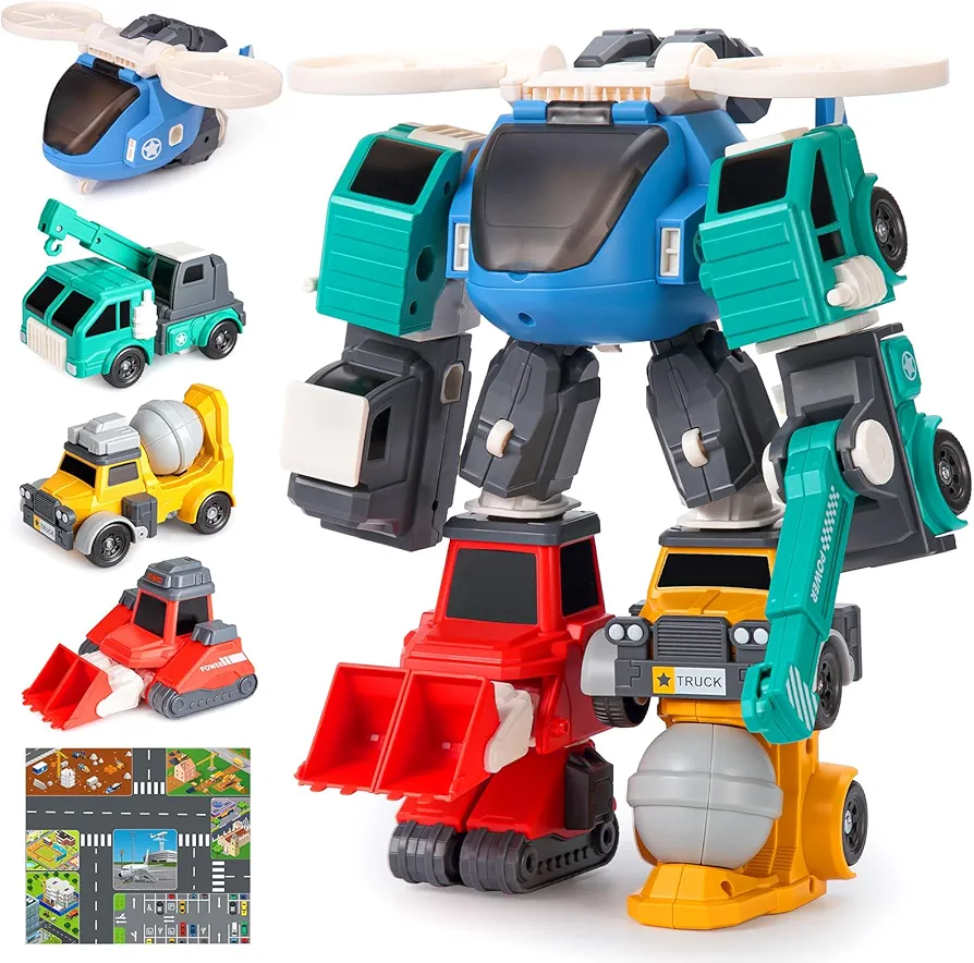 Toys for 3 4 5 6 7 8 Year Old, Transform Robot Kids Toy Vehicles | STEM Building Toys for Ages 3-6, 4 in 1 Construction Trucks Christmas Birthday Gifts for Boy Girls