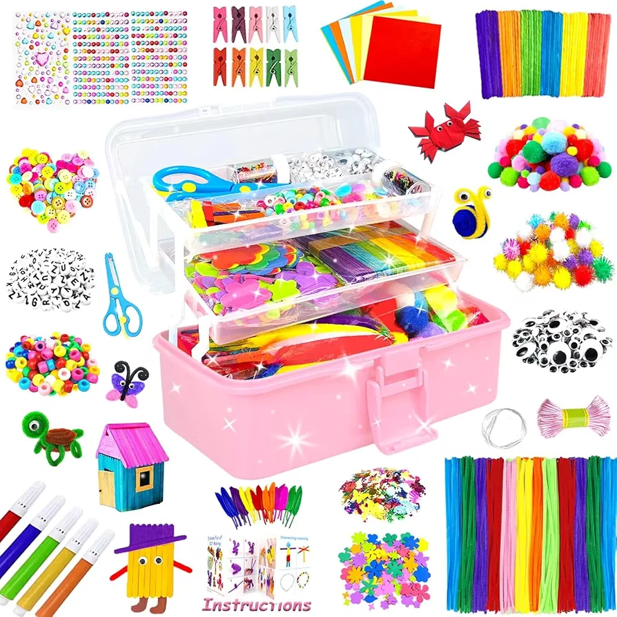 3000 Arts and Crafts Supplies for Kids Craft Kit All in 3 Layered Craft Box with Pipe Cleaners Crafts for Kids Age 4-6, 6-8, 8-12 DIY School Supplies Materials Set Toys Gifts for Girls Boys, Pink