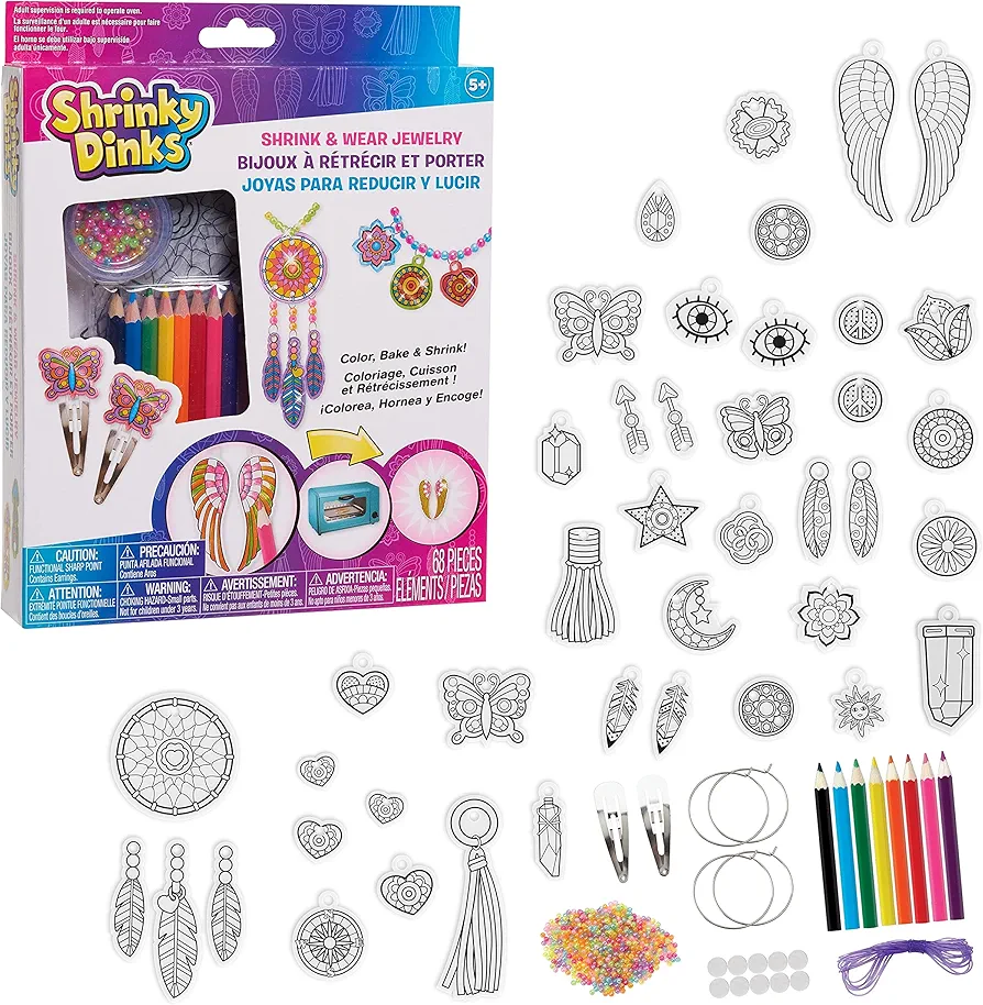 Just Play Shrinky Dinks 68-piece Jewelry Kit, Includes Beads, Barrettes, Elastic String and Earring Hoops, Kids Toys for Ages 5 Up