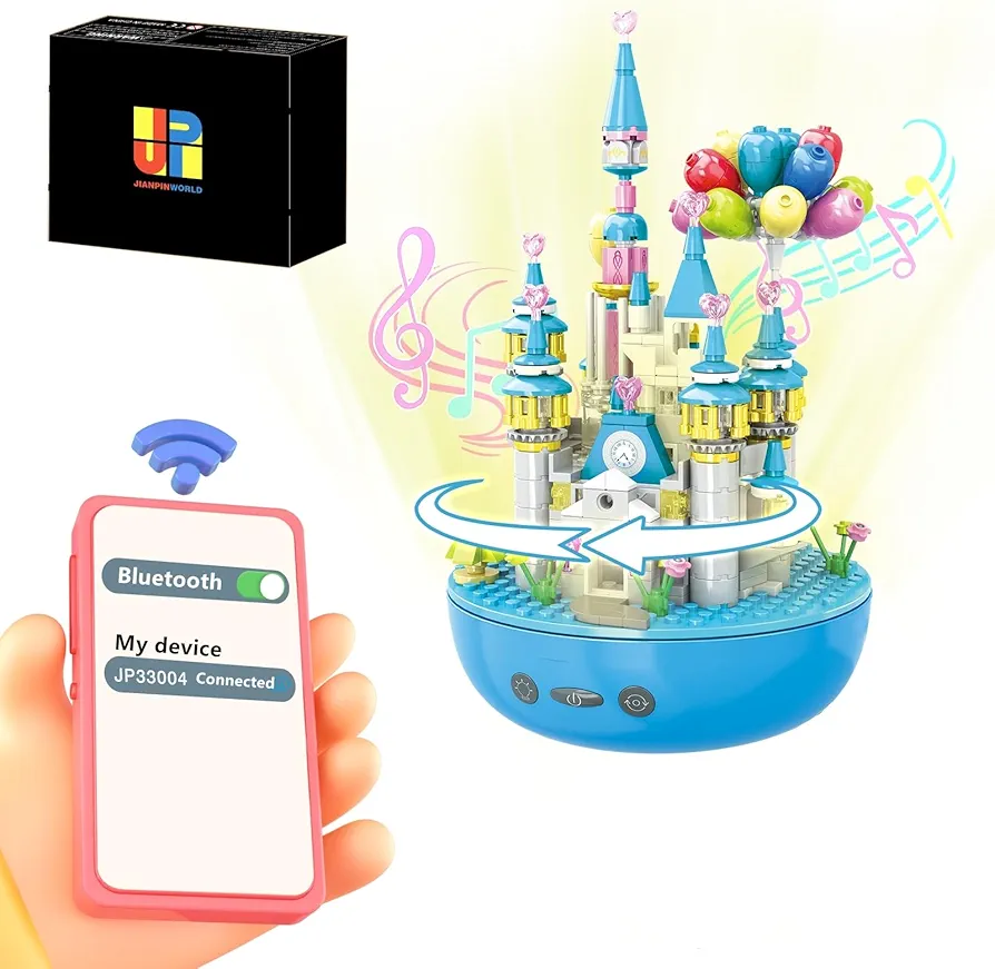 Castle Bluetooth Speaker Building Set with Music Box Base & LED Light,Ideal Building Block Toy Dream Palace Architecture Model Gift for child 6+ 482PCS Rotating,Compatible with Lego Rechargeable 33004