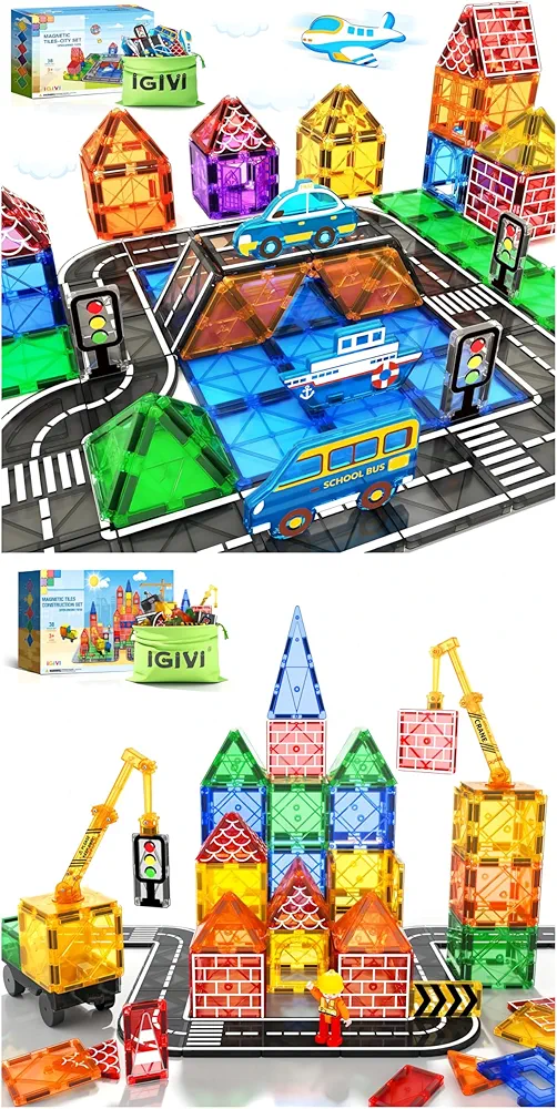 Kids Toys Magnetic Tiles - Road Set with Car Toys for 3+ Year Old Boys & Girls，Magnetic Tiles Road Set with Magnet Crane Car Toys