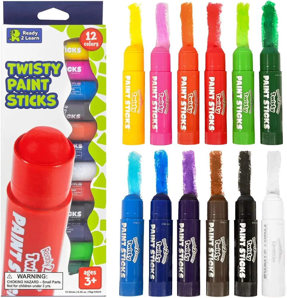 READY 2 LEARN Twisty Paint Sticks - 12 Vibrant Colors - Washable, Non-Toxic Tempera Paint - Kids Art Supplies - Easily Paint on Multiple Surfaces