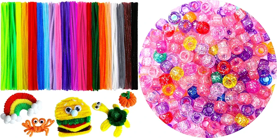 1000 pony beads +200 pipe cleaners bundle,glitter pony beads,20 colors pipe cleaners, arts and crafts, jewelry making.