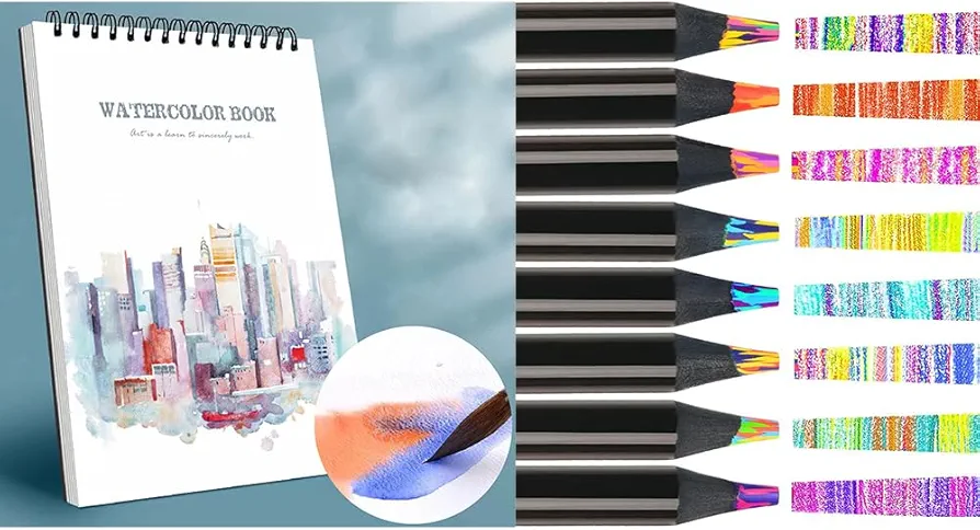 RGBMIX 8x11'' Watercolor Pad Book, 12 Colors Wooden Rainbow Pencils