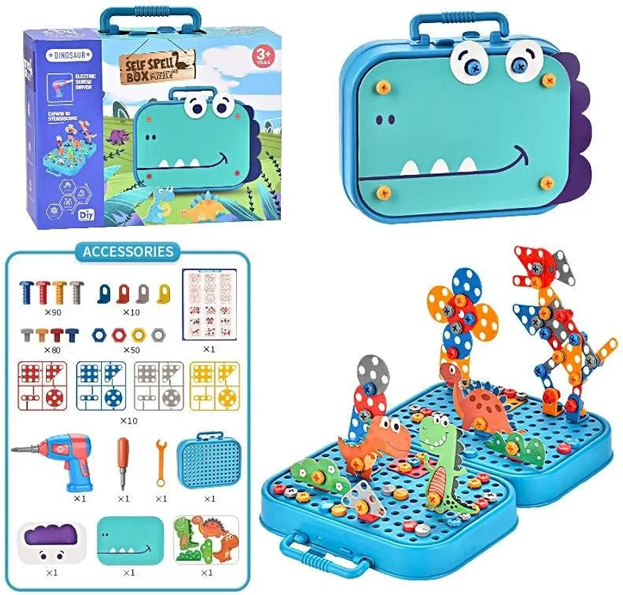 Set of STEM Construction Toys, 228 Pcs - Birthday Gift Ideas for Boys Aged 4, 5, 6, 7 and 8 - Educational Building Kit to Encourage Learning - Dinosaur Design Set with Drill & Connecting Pieces