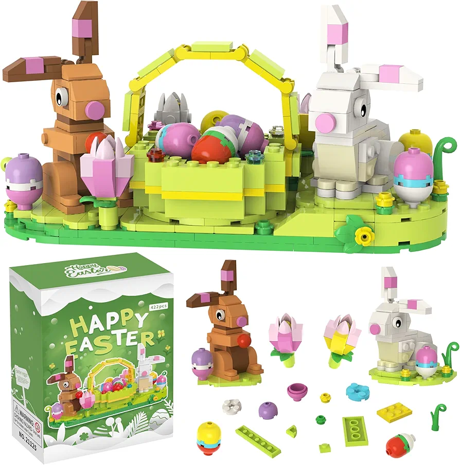 Easter Bunny and Basket Building Kit, 422 Pcs Easter Rabbits Display Building Toy Set, Easter Basket Stuffers Easter Eggs Baskets for Kids Easter Building Toys Easter Gifts for Boys Girls