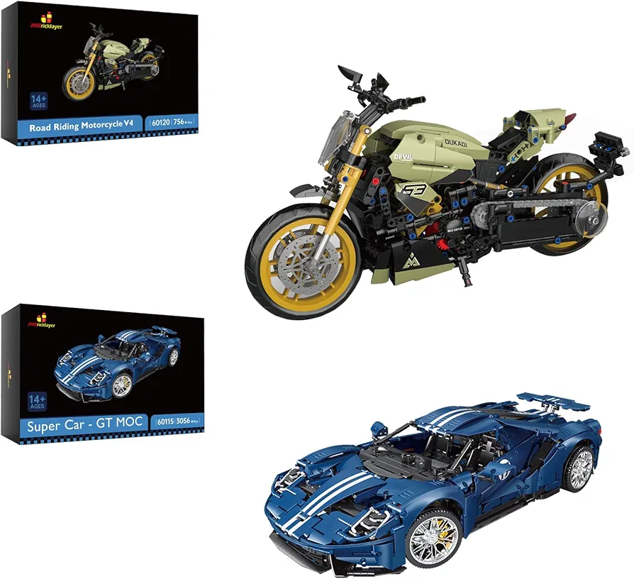 JMBricklayer Technic V4 Motorcycle Toy Building Sets 60120 & Classic Blue Supercars 1:8 Model MOC Toy Building Sets 60115