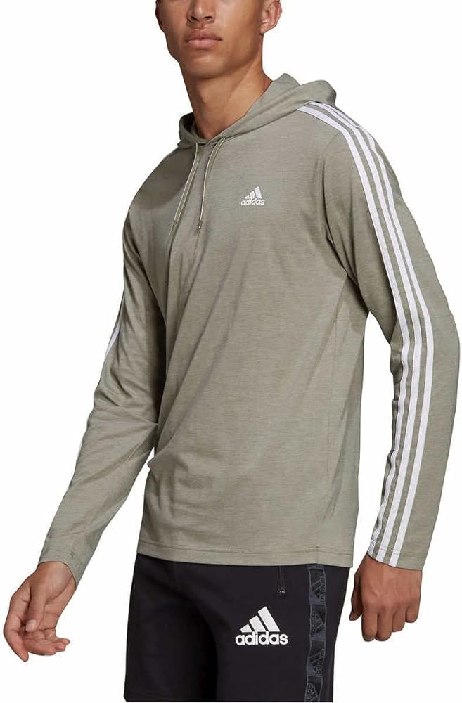 adidas Mens Lightweight Pullover Hoodie T-Shirt (Medium, Heather Olive/White)