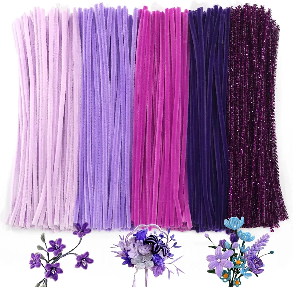 URSDIART 500pcs Purple Pipe Cleaners,5 Assorted Colors Purple Pipe Cleaners for Crafts, Halloween Craft Pipe Cleaners, Fuzzy Sticks Chenille Stems for Art and Craft Supplies DIY Creative Project