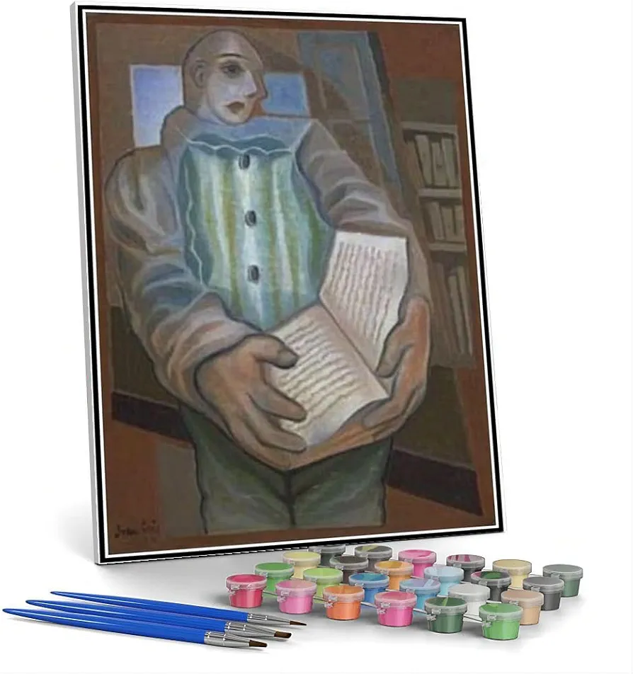 DIY Oil Painting Kit,Pierrot with Book Painting by Juan Gris Arts Craft for Home Wall Decor