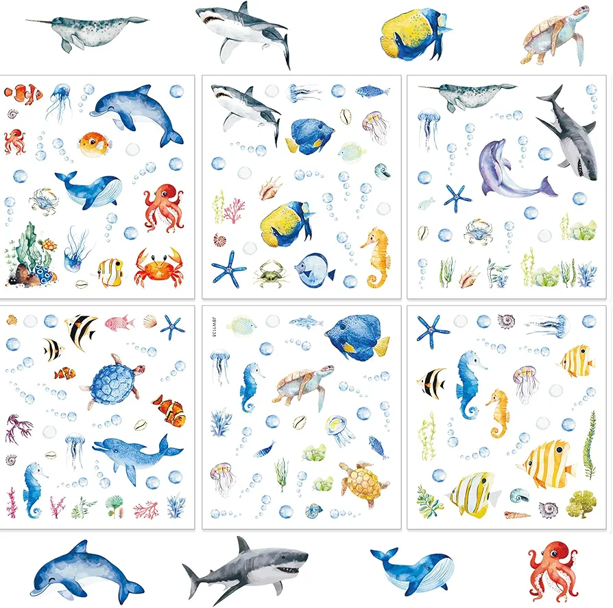 6 Sheets Ocean Animal Sticker Underwater Sea Ocean World Fish Sharks Starfish Hippocampus Sticker Waterproof PVC Decals for Kids Boys Girls Students Reward Scrapbooking Arts and Crafts Party Supplies