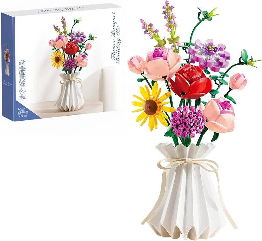 Flower Bouquet Building Set - 530 Pieces Flowers Botanical Block Toys, Flower kit with DIY Paper Vase,Compatible with Lego Flowers