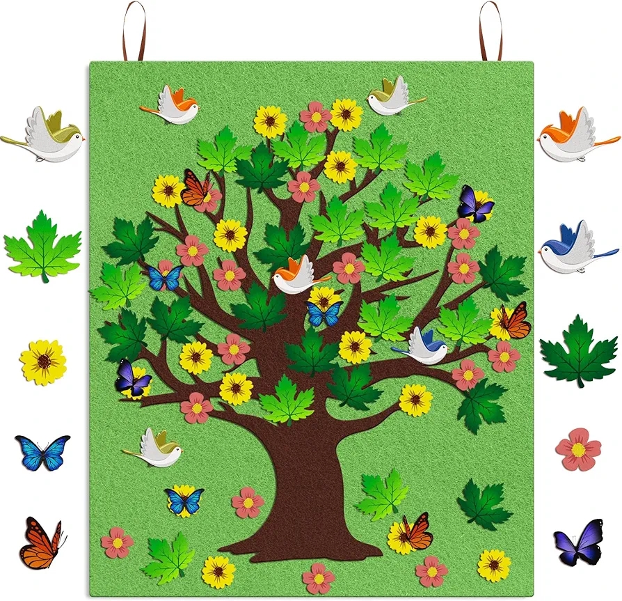 JarThenaAMCS 80Pcs Spring Tree Felt Craft Kit Spring Summer Flower Bird Butterfly Chalkboard Ornament Colorful Bulletin Board Decorations for DIY Crafts School Classroom Home Party Decor