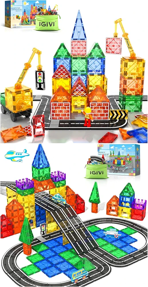 Magnetic Tiles Road Set with Cars Toys,Magnetic Tiles Road Set with Magnet Crane Car Toys, Construction Toys for Kids Ages 3-5 4-8 5-7, STEM Educational Toys for 3+ Year Old Boys & Girls