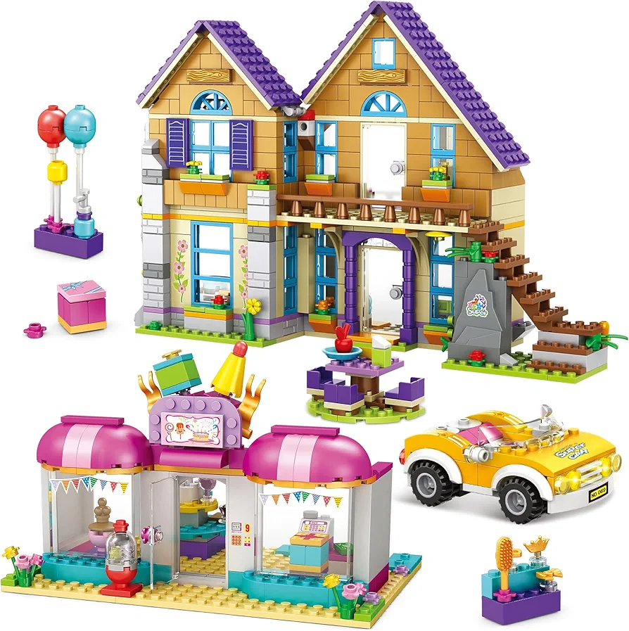 Girls and Friends House Building Block Set Villa House, Cake Shop Building Block for Girls 6-12, with Portable Storage Box, Entertaining Toys Christmas Birthday for Kids Boys Girls