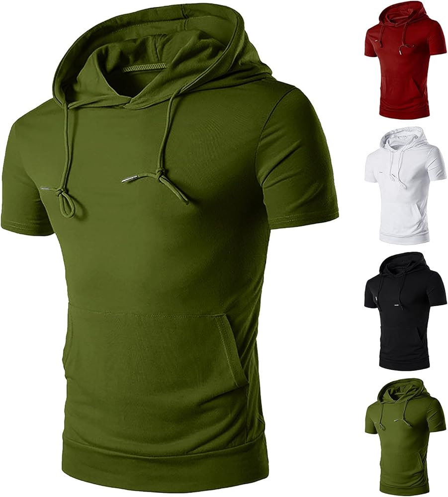 Athletic Hoodies Workout T-Shirt for Men Sport Sweatshirt Short Sleeve Solid Pullover Tops Shirts Blouse with Pocket