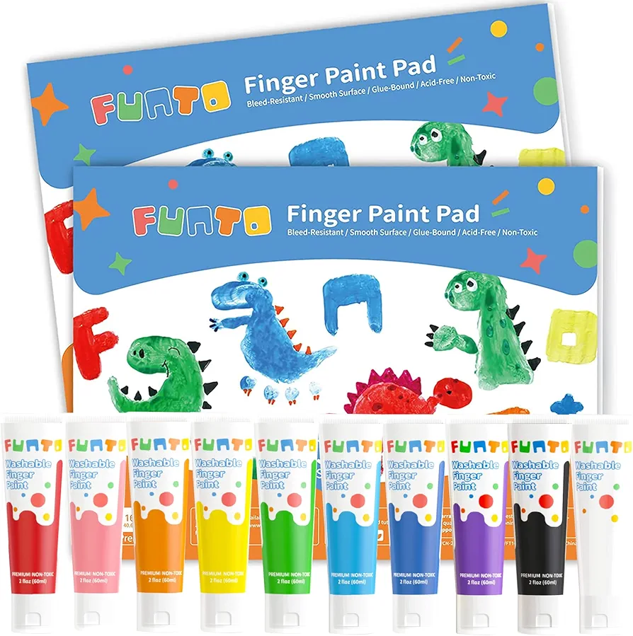 Funto Washable Finger Paint and Pads for Kids, 10 Assorted Colors, 60 Sheets Paper, Safe & Non-Toxic Finger Painting for Toddlers 1-3, Bath Paint, Toddler Art Painting Supplies, Kids Age 1 2 3 4 5 6+