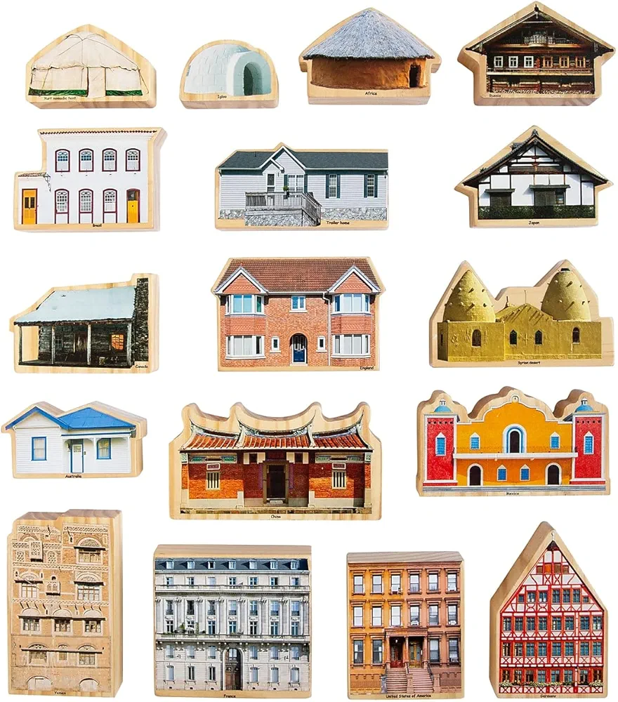 Where I Live? - Set of 17 - Ages 1+ - Wooden Blocks for Toddlers - Includes Homes from 17 Different Countries - Double-Sided