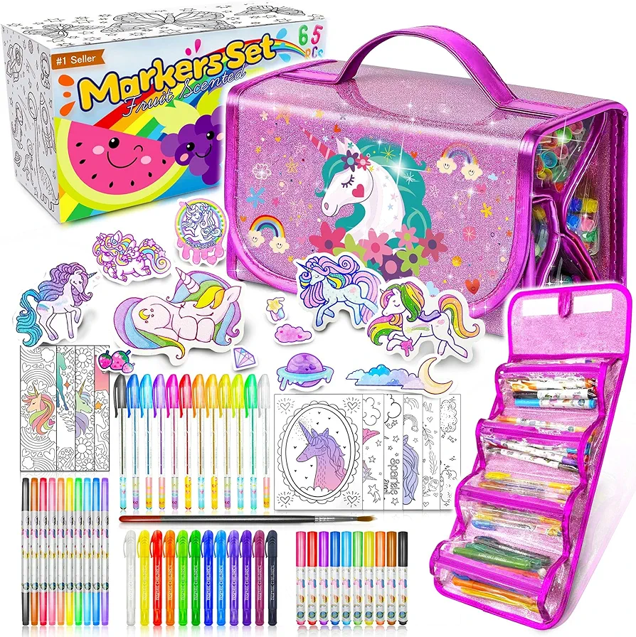 Hiappt Fruit Scented Markers Set with Unicorn Pencil Case - 65 Pcs Unicorn Gifts for Girls Age 4-6 6-8 and Up, Stocking Stuffers, Perfect Birthday Christmas Gifts Idea, Kids Coloring Set