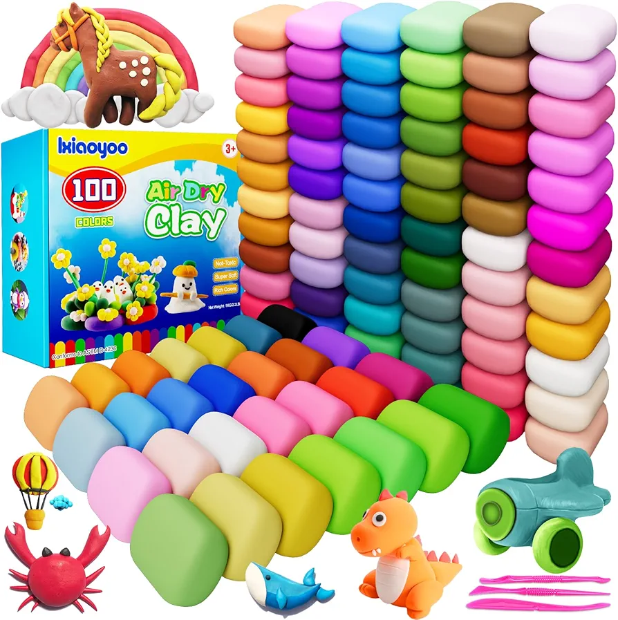 Air Dry Clay, 100 Colors Modelling Clay for Kids, DIY Molding Magic Clay for with Tools, Soft & Non-Sticky, Toys Gifts for Age 3 4 5 6 7 8+ Years Old Boys Girls Kids