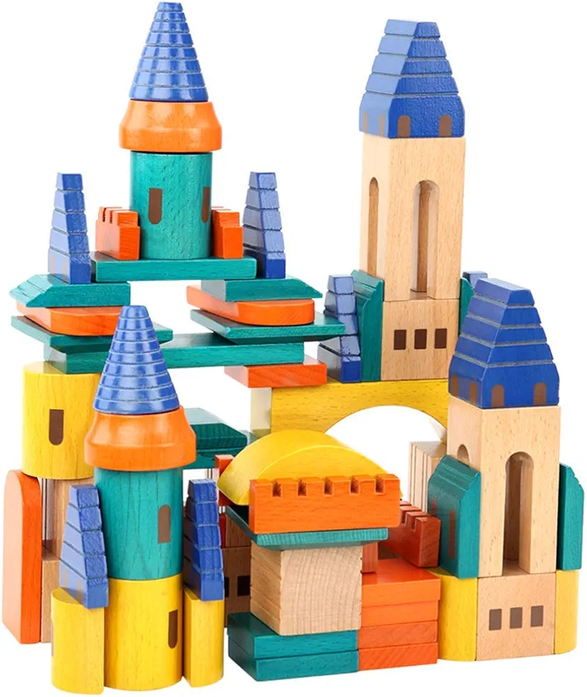 Migargle Wooden Castle Building Blocks Set-Stacking Wood Castle Blocks Educational Toy Set for Toddlers, Fantasy Medieval Bridges and Arches, Wooden Blocks for Kids Ages 3-8