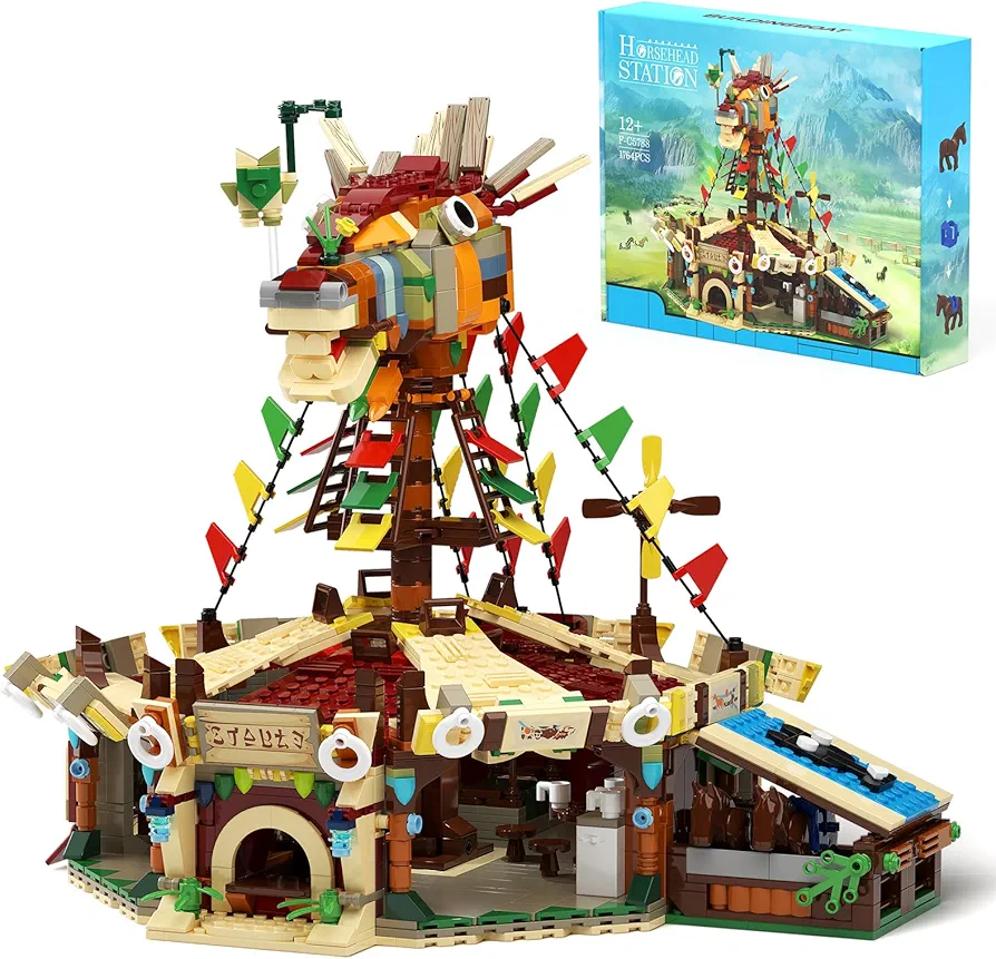 Horse Stable Building Model Kit, Game Scene Hyrule Horse Head Station Yurt Tent Rooftop Building Toy, Game Scene Collectible Gifts Construction Toys for Adults or Fans (1764 PCS)