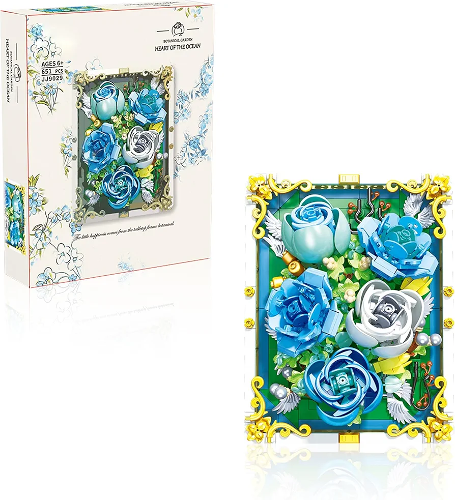 Blue Rose Succulent Set with Flowers in Different Blooming Stages in a Picture Frame with Stand and Book-Like Design Wall Art Building Blocks Kit 651 Pieces