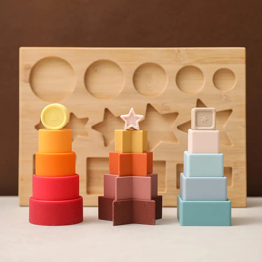 OESSUF Shape Puzzles Silicone Stacking Cups Soft Nesting Cups Rainbow Montessori Shapes Recognition for Boys and Girls Learning Toy for Baby Toddler with Wooden Base