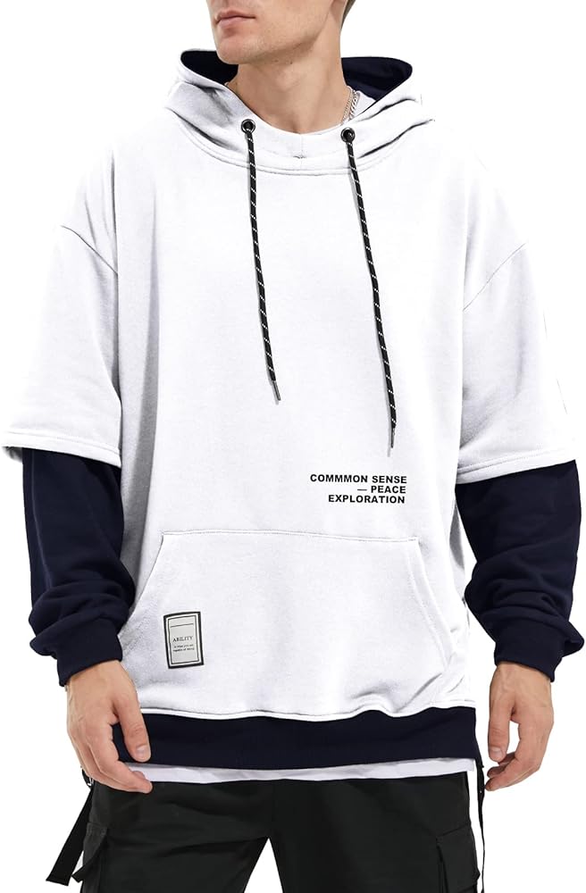 Hoodie Mens Hooded Sweatshirt Patchwork Casual Pullover Crew Neck Contrast Color with Pocket