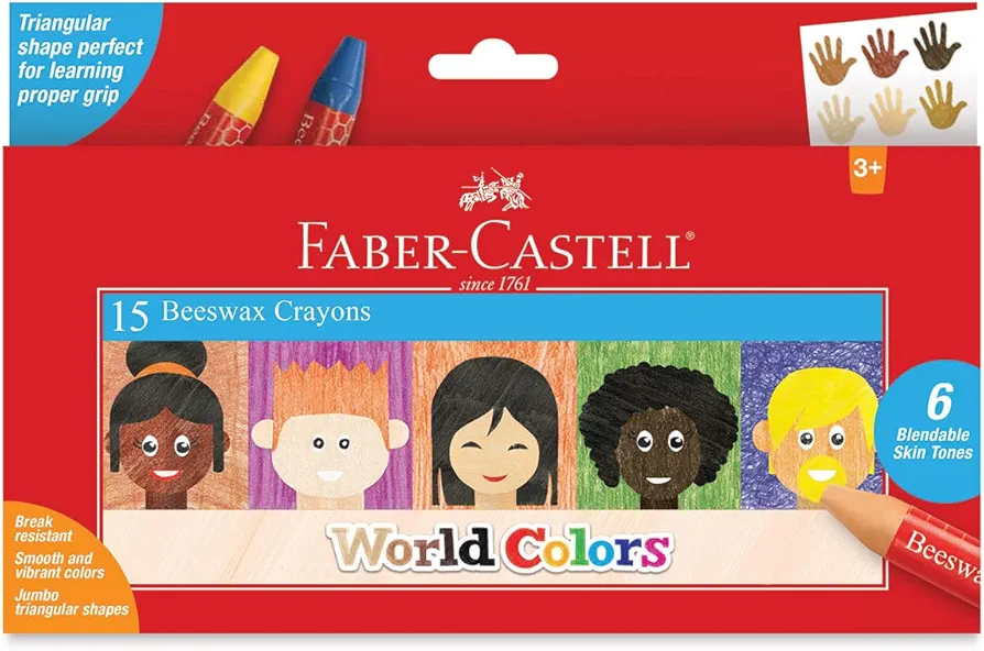 Faber Castell World Colors Beeswax Crayons - 15 Count, 9 Traditional and 6 Skin Color Crayons - Multicultural Crayons for Kids