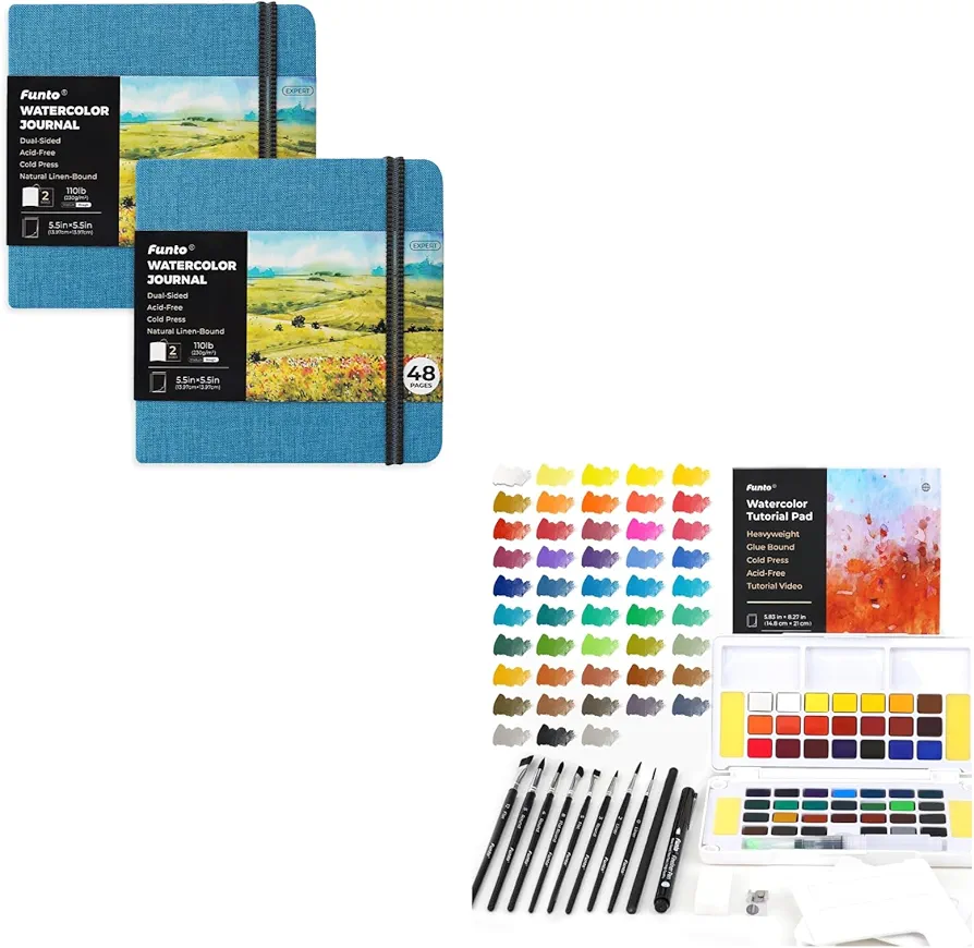 Funto Watercolor Artist Bundle, Funto Watercolor Journal, Square, Blue, Dual-Sided Cold-Pressed Paper, 5.5" x 5.5" with Watercolor Paint Set