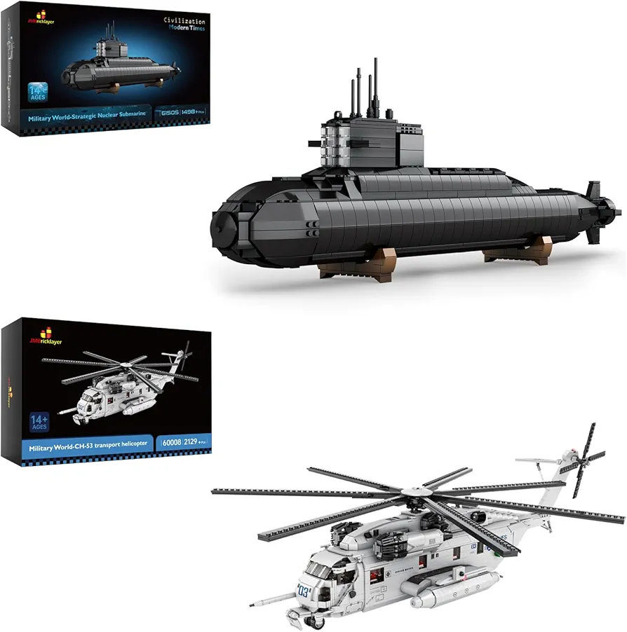 JMBricklayer Nuclear Submarine Building Block Set 61505 & CH-53 Helicopter Building Set 60008, Military Toy Model Kit, Collectible Home Room Decor, Ideal Gifts for Kid 14+, Adults and Military Fans