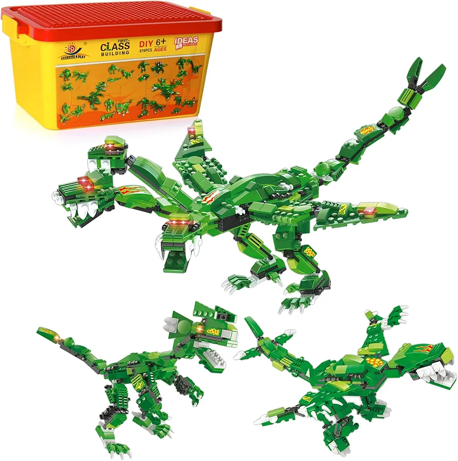 EP EXERCISE N PLAY 876 Pcs Dinosaurs Building Blocks Toys Set, 8 in 1 Super Three-Headed Dino Toy with Storage Bucket, Best Gift for Boys and Kids Aged 5+