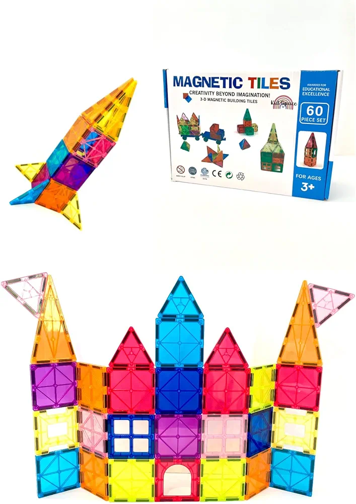 60 Piece Set Magnetic Tiles, Building Blocks for Kids, STEM Learning Toy