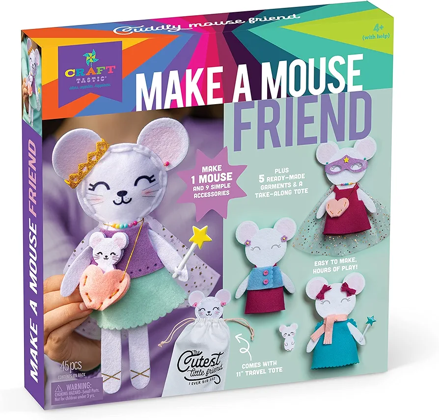 Craft-tastic – Make a Mouse Friend – Craft Kit Makes 1 Easy-to-Sew Stuffie with Clothes & Accessories – Bonus Travel Tote Included – Creative Arts & Crafts Project – Fun & Unique Gift for Kids