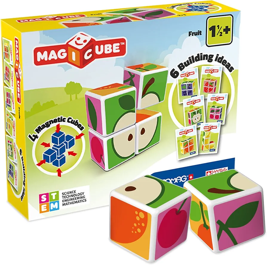 Geomag MagiCube Fruit 4-Piece Magnetic Stacking Cubes Building Set, Toddlers & Kids Ages 1.5+, STEM Educational Toy, Swiss-Made, Creativity, Imagination, Learning, 6 Adorable Building Ideas