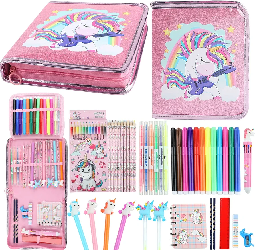 Fruit Scented Markers Set 44 Pcs Filled Stationery with Unicorn Pencil Case,Art Supplies for Kids Ages 4-6-8, Perfect Unicorn Gifts for Girls,Assortment Marker Pencil Gel Pen Coloring