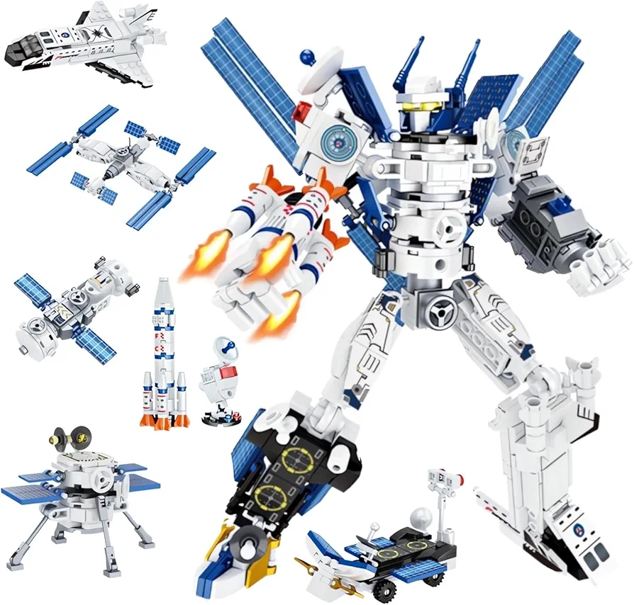 6 in 1 Space Transforming Mech Building Block Sets, STEM Robot Warrios Space Station Exploration Shuttle Rockets Building Kit, Cool Christmas Birthday Gifts for Adults Kids 10+ (527 PCS)